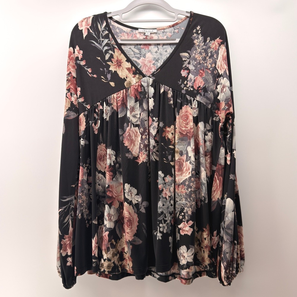 White Birch Babydoll Blouse Women Large Black Floral Rose Boho Flowy Whimsigoth